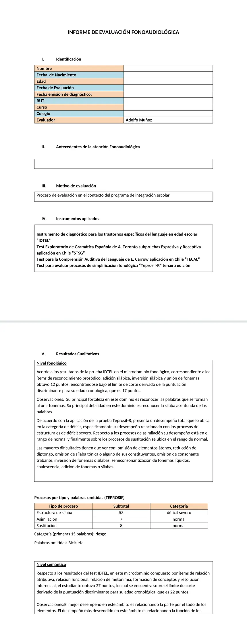 Informe de evaluación fonoaudiológica integrado en Word: identificación, los cuatro instrumentos aplicados y los resultados cualitativos por nivel del lenguaje.