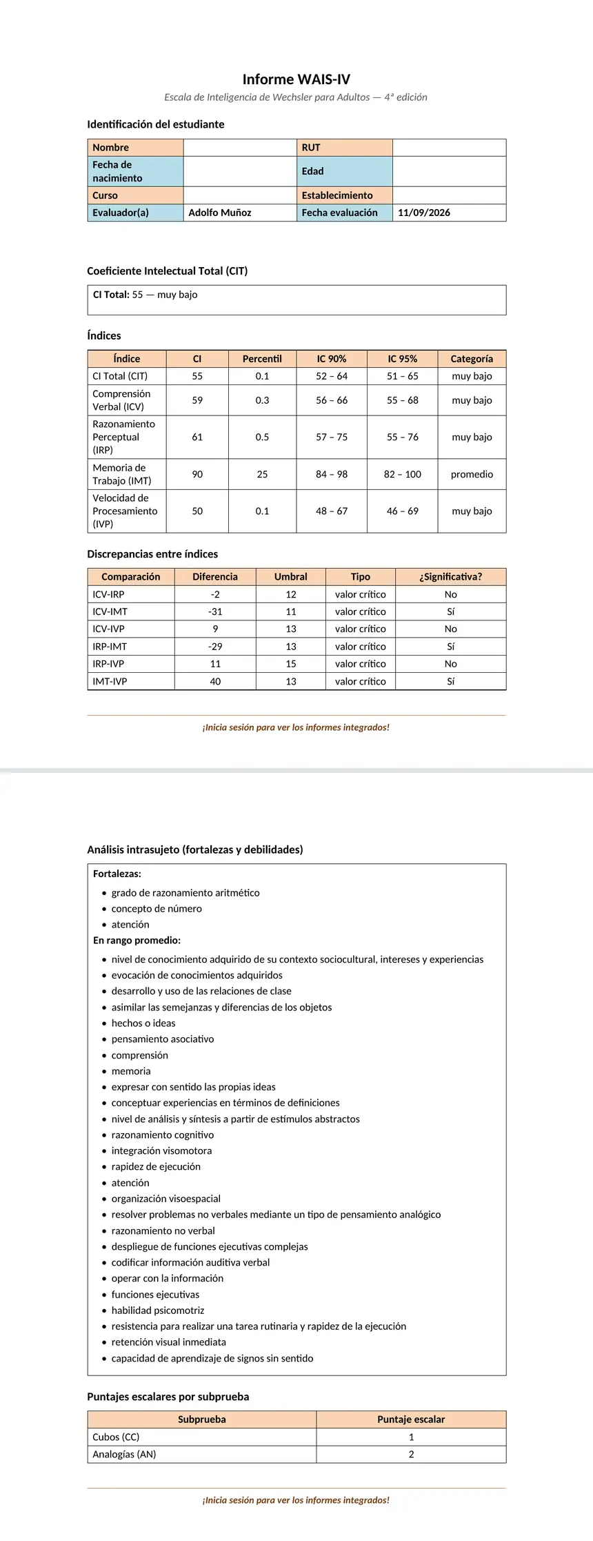 Informe WAIS-IV en Word: CI Total, tabla de índices con percentil e intervalos de confianza, y discrepancias entre índices.