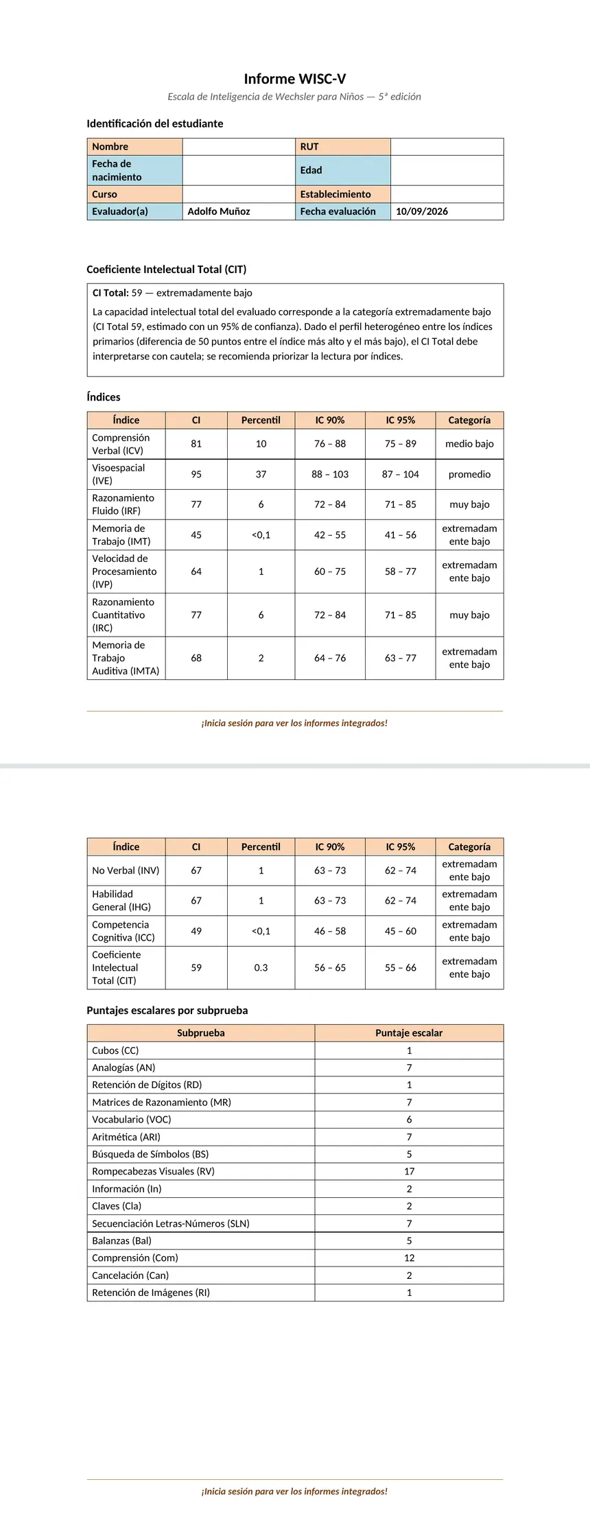 Informe WISC-V en Word: CI Total, tabla de índices con percentil e intervalos de confianza y puntajes escalares por subprueba.