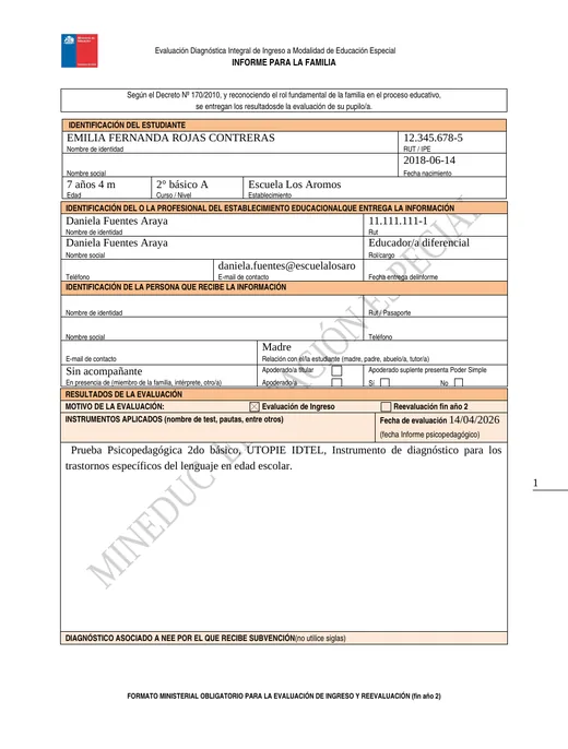 Portada del documento Informe a la familia inicial en Word