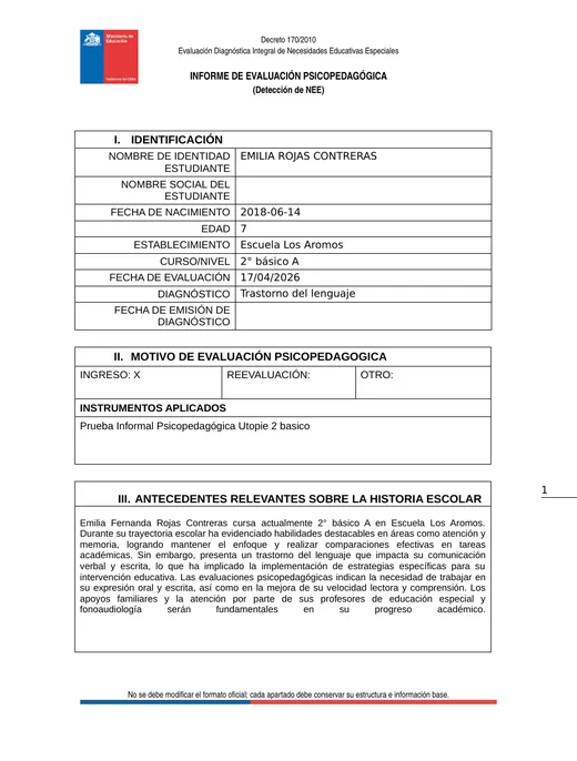Portada del documento Informe Psicopedagógico en Word