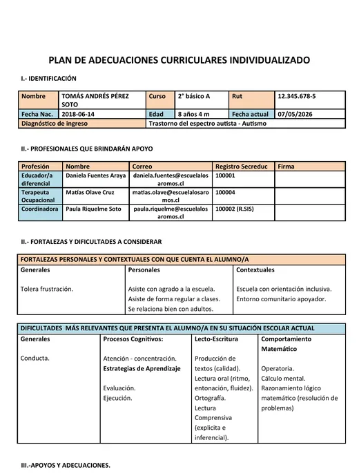 Portada del documento PACI en Word