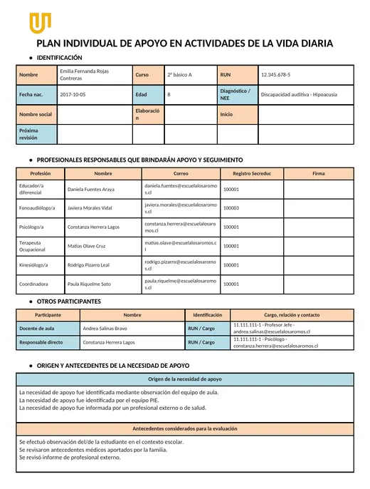Portada del documento Plan de Apoyo en AVD en Word