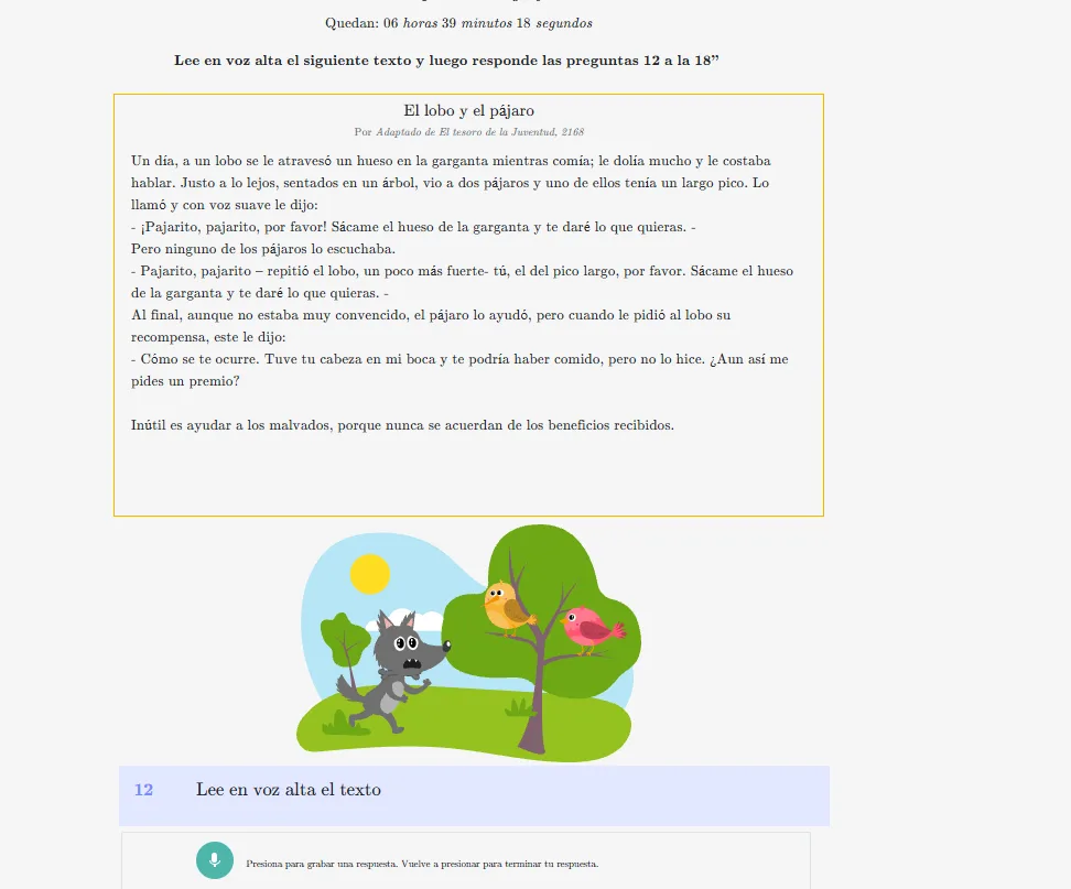 Pantalla de Eureka: lectura en voz alta de un texto